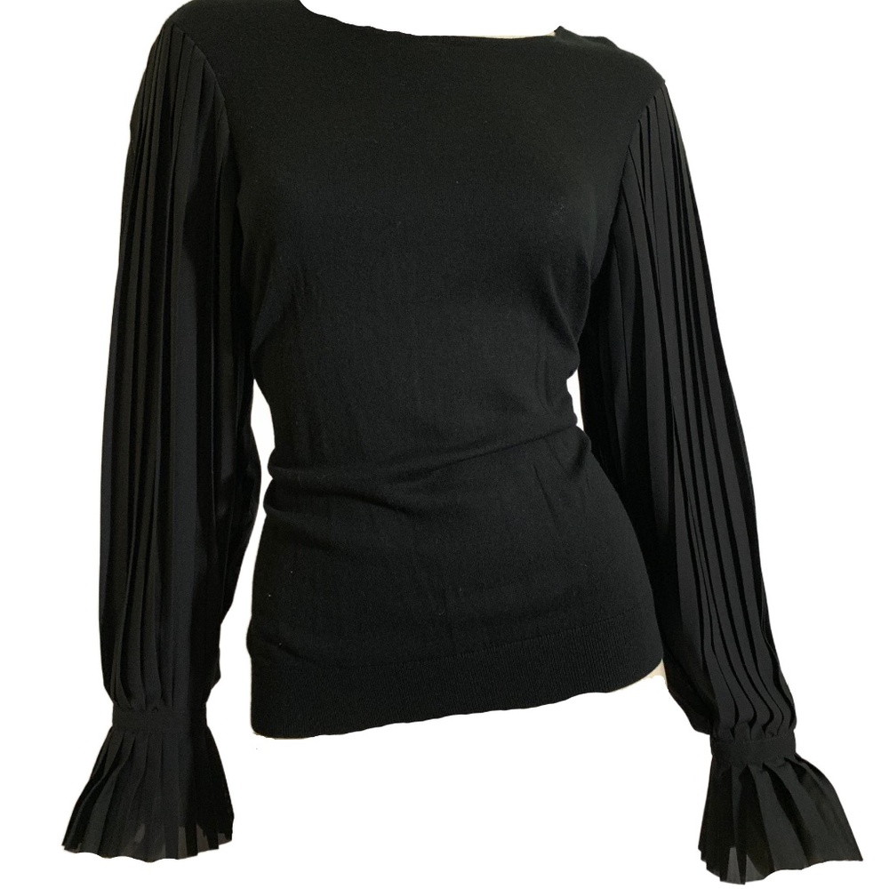 Ralph Lauren Black Sweater Top with Pleated Chiffon Full Sleeves M